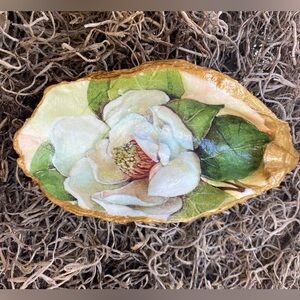 Handcrafted Decoupaged Magnolia Blossom Large Oyster Shell With Gold Accent